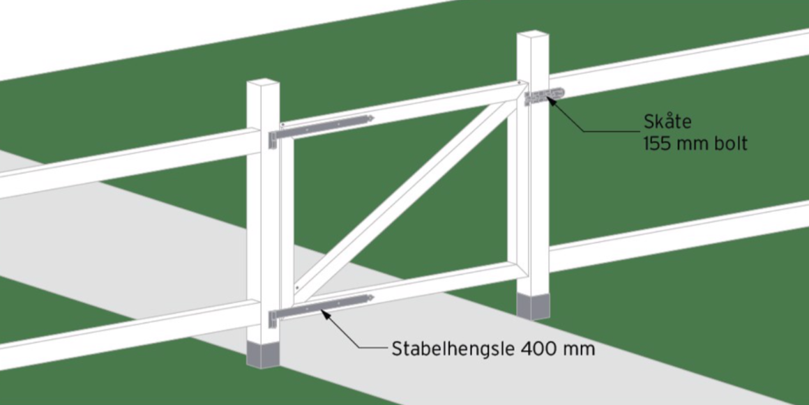 Feste porten til en stolpe med varmforzinkede stabelhengsler 400 mm. Bruk Skåtebolt 155 mm, varmforzinket som lås.