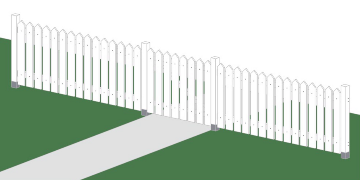Steg 5 Skjær ut panelene med impregnert kledning 19x98. 15x mellom to stolper 8x til porten Bruk terrasseskrue 4,2x56 for å feste bordene.  Fest først én mot hver stolpe og dra et snøre fra toppen av disse. Resten kan da festes opp til dette snøret.  Fest bordene ca 50mm fra toppen og bruk ca 30mm mellomrom mellom bordene.  Puss over ujevne eller flisete kanter med sandpapir. Nå er gjerdet klar for overflatebehandling.  Dersom du har valgt cu-impregnert materiale, må du male/beise etter en sesong. Farge velger du etter eget ønske.