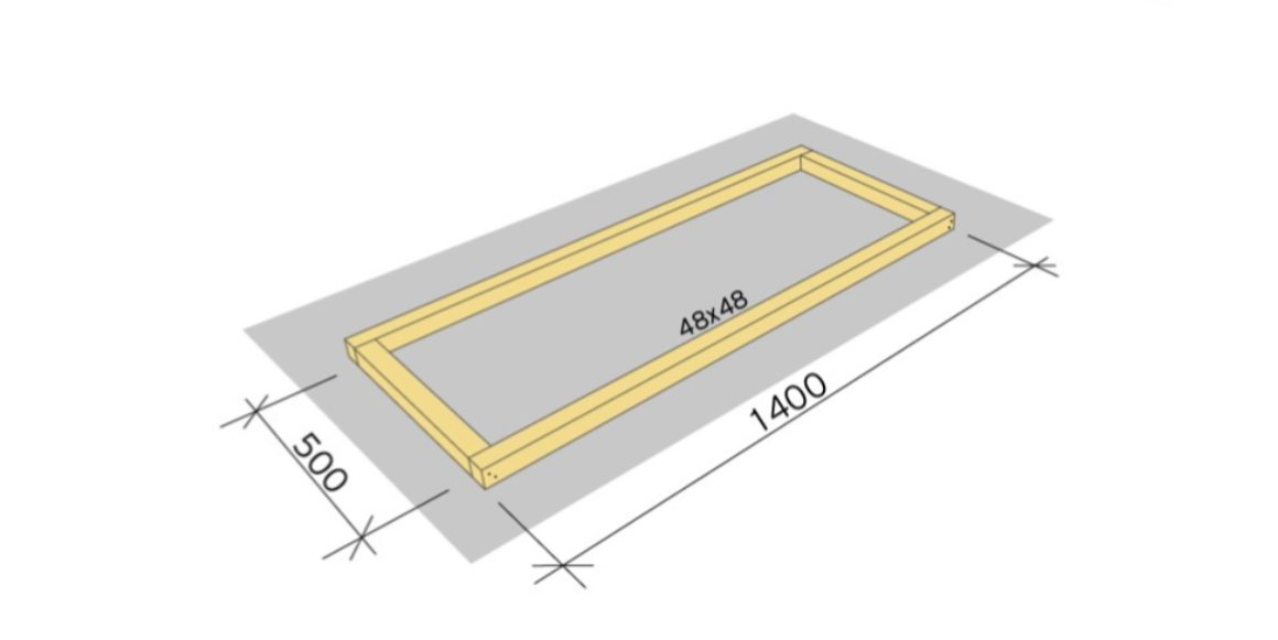 Kapp to stk. lekt 48x48mm til 1400mm og to stk. til 500mm.  Skru sammen til en ramme som på anvisningen over. Bruk treskruer 5,0x80.
