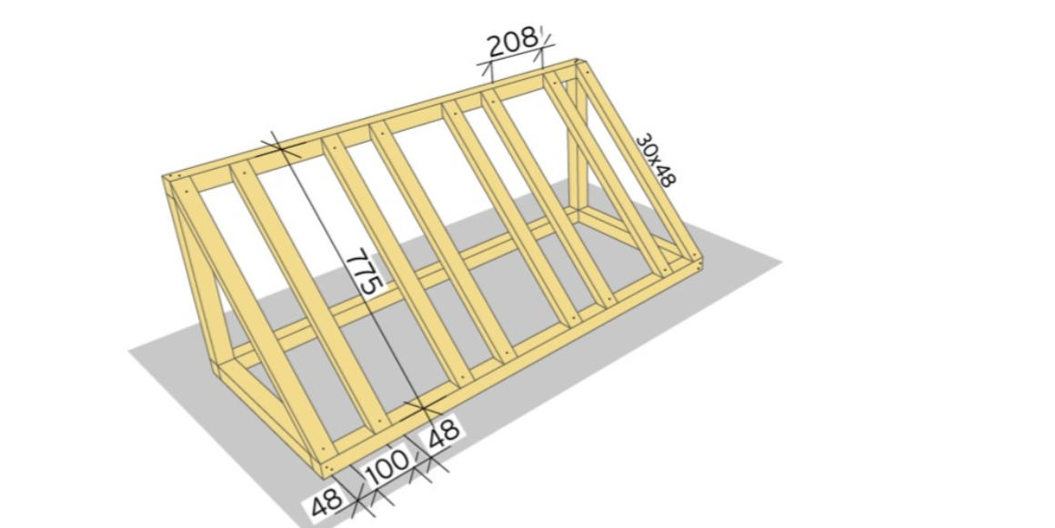 Kapp til 8 stk. lekter 30x48mm til 775mm. Disse skal være skråskjært til 45 grader i endene.  Skru fast i rammen, for sykkelhjulene skal avstanden være ca. 100mm, og i mellom hver sykkelplass ca. 208mm avstand.