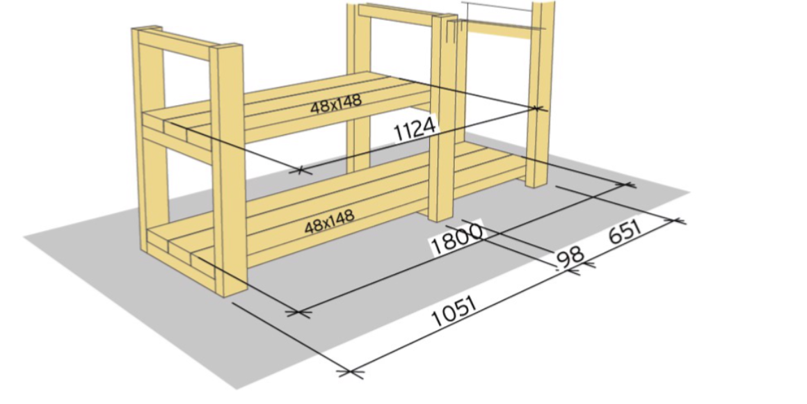 Kapp til 3 stk. 48x148mm impregnert konstruksjonsvirke til 1800mm. Legg disse nederst over alle tre rammene slik at de blir liggende kant i kant med rammen lengst til venstre og høyre. Skru fast bordene i lektene de hviler på. Kapp til 3 stk. til 48x148mm til 1124mm og legg disse i neste høyde mellom rammen til venstre og i midten, så de går kant i kant med lektene de hviler på, og skru fast.
