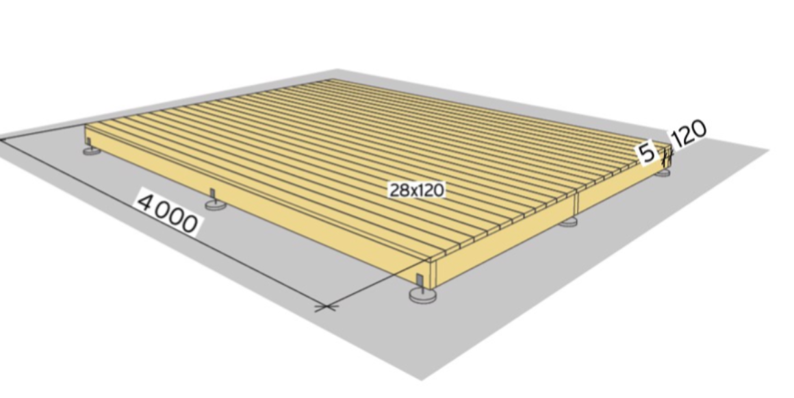 Kapp til 24 stk. 28x120mm impregnert terrassebord til 4000mm lengde. Skru fast i bjelkelaget med 5mm avstand, bruk terrasseskruer 4x2x55mm.