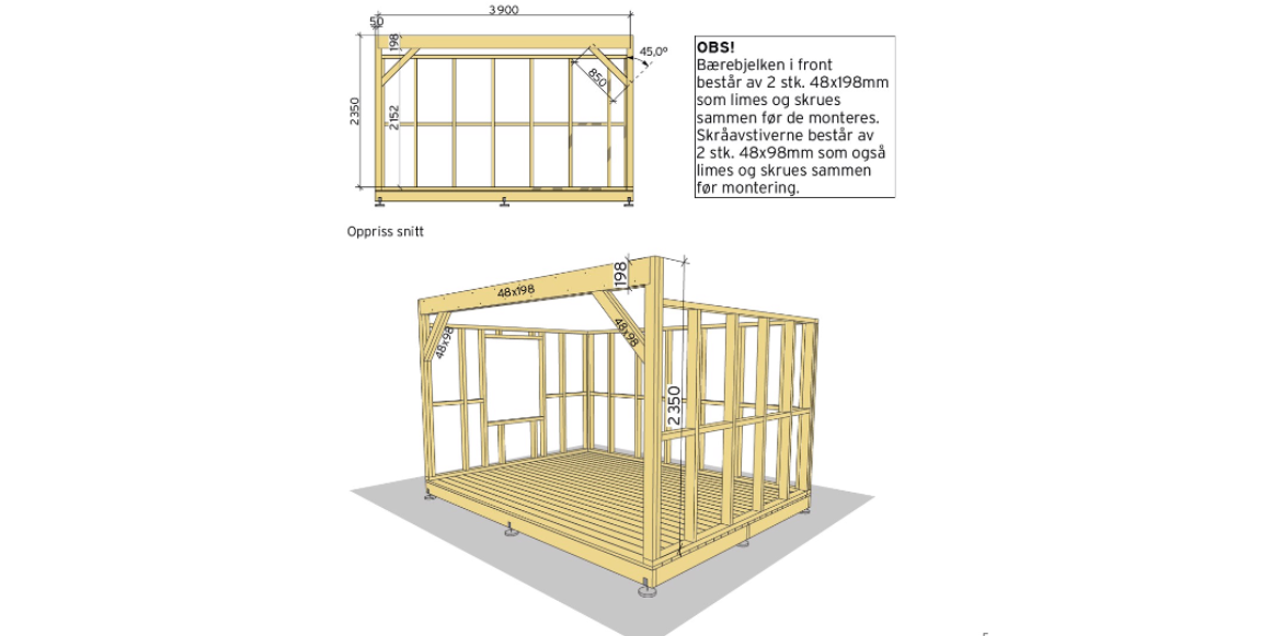 5. Kapp til 2 stk. 48x98mm stolper til 2350mm og sag ut 50x198mm i toppen av dem for bærebjelken. Skru sammen stolpene før du fester dem, og gjenta en gang til, til den andre siden. Kapp til 2 stk. 48x198mm konstruksjonsvirke til 3900mm. Lim og skru de sammen, før du fester de i stolpene. Kapp til 4 stk. 48x98mm til 850mm lengder med 45 graders gjæring i endene. Disse limes og skrus sammen før du monterer de mellom bjelken og stolpene med treskuer 5x80mm. OBS! Bærebjelken i front består av 2 stk. 48x198mm som limes og skrus sammen før de monteres. Skråavstiverne består av 2 stk. 48x98mm som også limes og skrus sammen før montering.