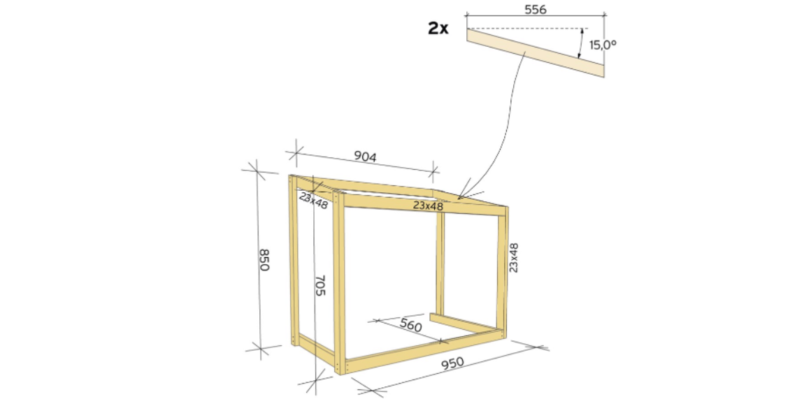 1. Begynn med bunnen, kapp til 2 stk. lengder til 560mm og 1 stk. til 950. Skru sammen så den lange ligger over de korte. Kapp deretter til 2 stk. lengde til 705 med 15 graders gjæring i enden og fest i hjørnene foran. Gjør det samme til hjørnene bak, men med lengde 850mm. Kapp til 2 stk. lengder til 556mm med 15 graders gjæring i begge ender. Disse passer da øverst mellom hjørnestolpene. Til slutt kapper du 1 stk. lengde til 904mm og skrur fast øverst bak og 1 stk. til 950mm og fester øverst foran