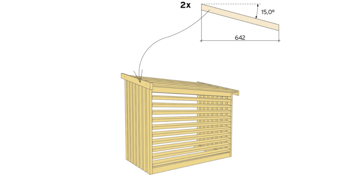 Vindskier Materiale: Impregnert lekt 23x48mm, terasseskruer 4,2x55. 5. Kapp til 2 stk. lengder til 642mm med 15 graders gjæring i begge ender. Fest i taket med et par skruer.