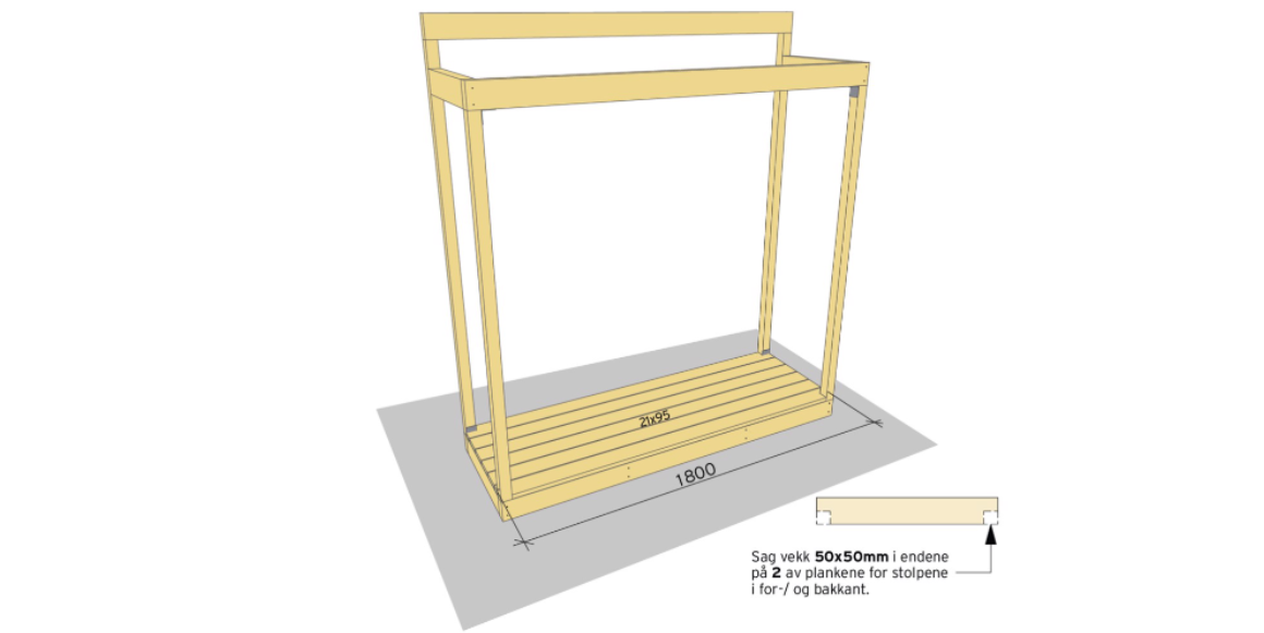 Kapp til 6 stk. 21x95 terrassebord. Sag vekk 50x50mm i endene på to av dem for å stolpene i for-/og bakkant. Skru fast disse først, med terrasseskruer 4,2x55mm. Skru deretter fast resten av gulvet med lik avstand, 14mm.