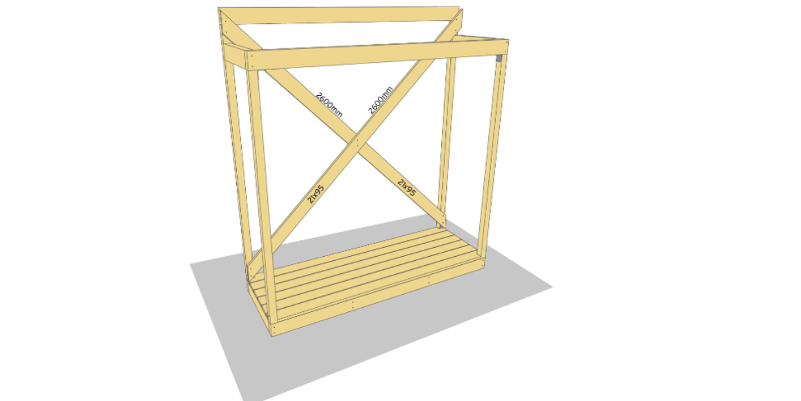 Kapp til 2 stk. 21x95 terrassebord til 2600mm. Plasser på skrå mellom gulv og over bjelken i taket. Pass på at den ikke stikker over den høyeste bjelken. Skru fast i stolpene og i hverandre i krysset med terrasseskruer 4,2mmx55mm. Sag vekk det som stikker forbi på linje med stolpene så de blir skråskjært i endene