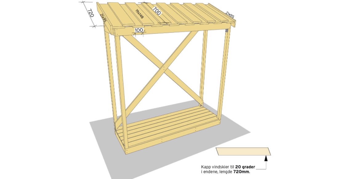 Kapp til 7 stk. 19x148mm impregnerte kledningsbord til 700mm og fest oppå det underste laget så de dekker like mye over hvert bord, 100mm avstand. Spikre med spiker 2,5x55mm.
