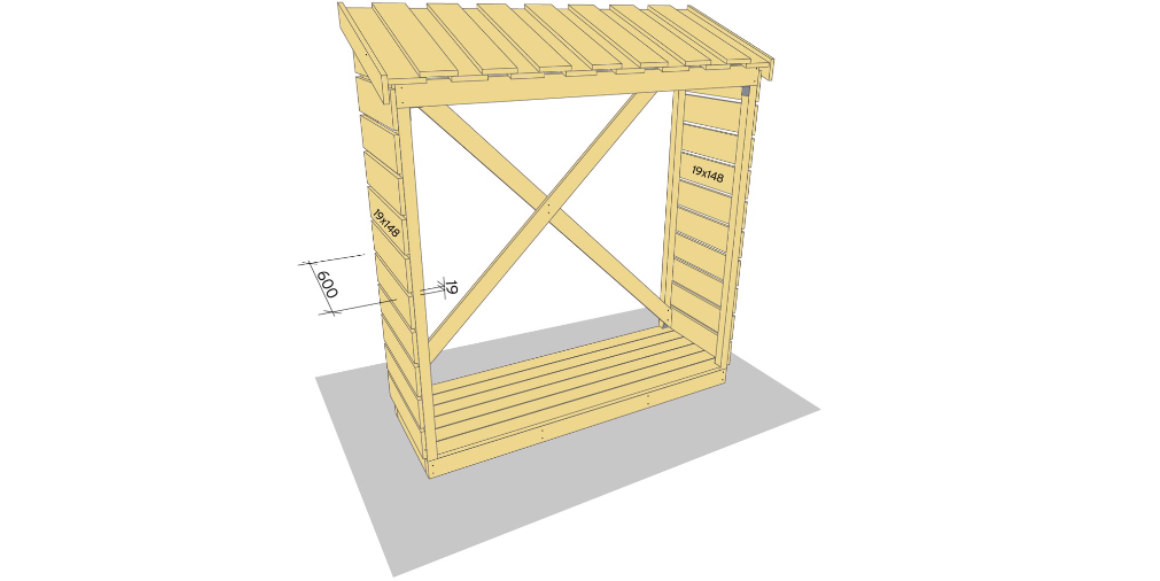 Kapp til 22 stk. 19x148mm impregnert kledning til 600mm lengde. Spikre fast med 19mm mellomrom. Bruk en kloss av kledningsbordet til å legge mellom før du spikrer fast, så slipper du å måle til. Hvis vedskjulet ikke skal stå inntil en vegg, anbefales det at du kler baksiden også. Puss over ujevne eller flisete kanter med sandpapir. Nå er vedskjulet klar for overflatebehandling. Dersom du har valgt cu-impregnert materiale, må du male/beise etter en sesong. Farge velger du etter eget ønske.