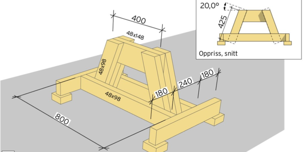 Kapp til 1 stk. bjelke av 48x198mm impregnert konstruksjonsvirke til 400mm. Kapp deretter til 4 stk. 48x98mm impregnert konstruksjonsvirke til 420mm lengde med 20 graders gjæring i hver ende.  Fest 2 av hver skrå stolpe som på anvisningen over. Kapp til 2 stk. bjelker av 48x98mm impregnert konstruksjonsvirke til 800mm og skru fast nederst og på utsiden av de skrå stolpene.  Til slutt skrur du fast hele denne rammen i bjelkene fra trinn 1.