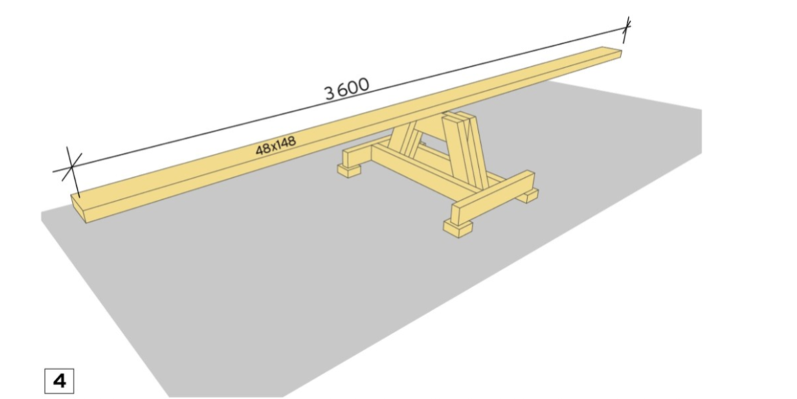 Kapp til 1 stk. 48x148mm konstruksjonsvirke til 3600mm lengde, mål til midten, og skru fast i stabelhengslene fra undersiden.