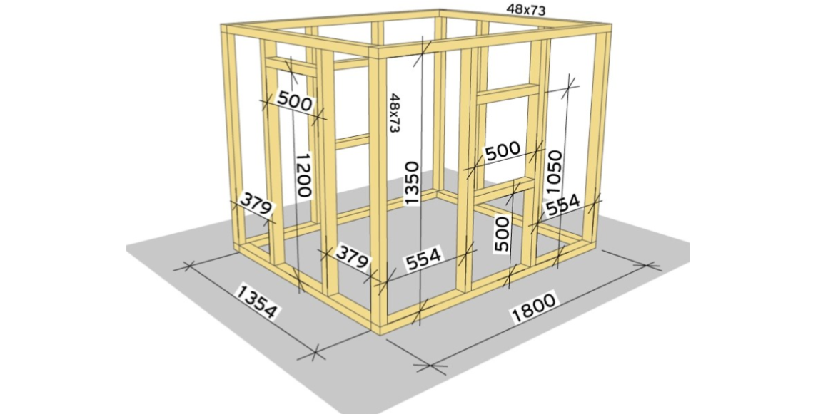 1. Kapp til bunnen først: 2 stk. 1800mm og 2 stk. 1354mm og skru sammen. Deretter kapper du til 4 stk. lengder til 1350mm til hjørnestolpene og skrur de sammen i rammen. Kapp til bjelkene som skal ligge øverst, 2 stk. til 1354mm og 2 stk. til 1800mm, og fest til hjørnestolpene. Deretter kapper du til resten av stolpene, 8 stk. til 1350mm, og setter de ut som på anvisningen over. Kapp derretter 5 stk. bjelker til 500mm, den ene skrus fast 1200mm over inngangen, og de andre på sidene, 500mm og 1050mm over rammen i bunnen, til vinduene.
