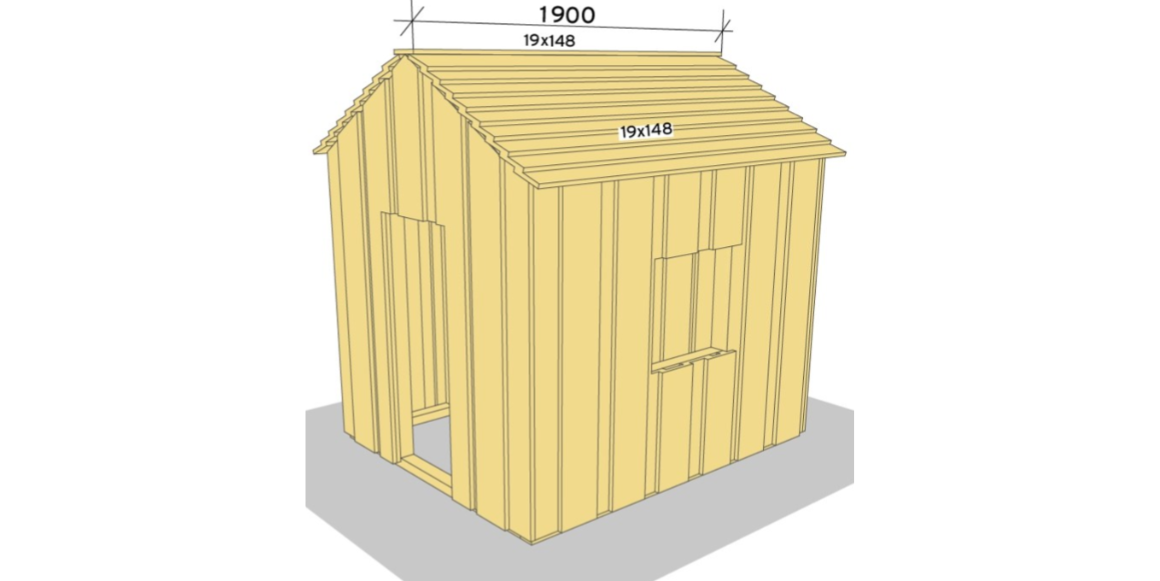 Tak Materiale:19x148mm impregnert kledningsbord, festes med spiker. 4. Kapp til 19 stk. lengder til 1900mm. Legg den ene siden først: Den nederste legger du ca 70 mm ut forbi veggen, og med 50mm utstikk på hver side. Neste legger du med 50mm overlapp til den under. Fortsett oppover, og gjør det samme på andre siden. Til slutt legger du den siste lengden på toppen i mønet.