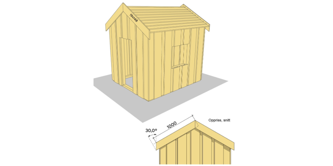 5. Kapp til 4 stk. lengder av 19x148mm impregnert kledningsbord med 30 graders gjæring i begge ender. Fest i taket. Puss over ujevne eller flisete kanter med sandpapir. Nå er Lekehuset klart for overflatebehandling. Dersom du har valgt cu-impregnert materiale, må du male/beise etter en sesong. Farge velger du etter eget ønske. Nå er lekehuset klar til bruk.