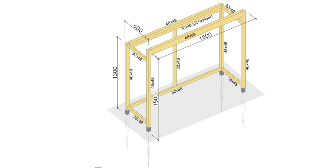 Sett 48x48 stolpene i stolpespydene og fest hver stolpe med 2x fransk treskrue 6,0x30. Skru så sammen resten med treskrue 5,0x80.