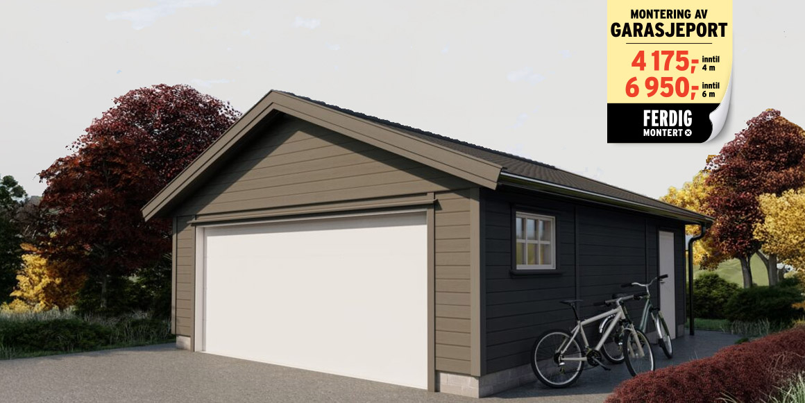 Bilde av garasjeport med logo av tjenesten ferdig montert fra Montér