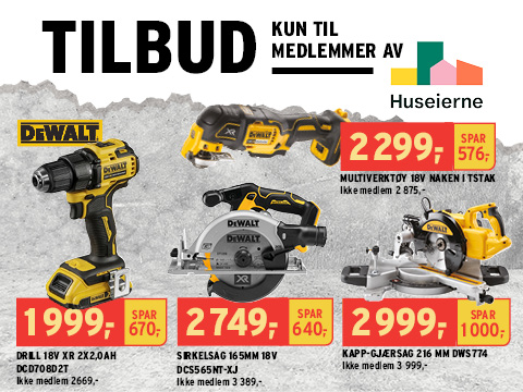 Medlemstilbud hos Montér på utvalgte verktøy fra Dewalt - kun som medlem av Huseierne! Medlemstilbud på utvalgte verktøy fra Dewalt som medlem av Huseierne, kun hos Montér!