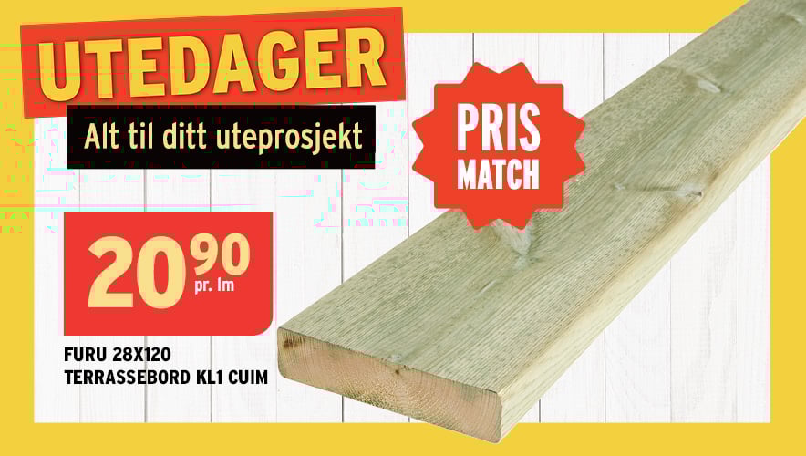 Furu terrassebord til kun 20,90kr per løpemeter - prismatch hos Montér