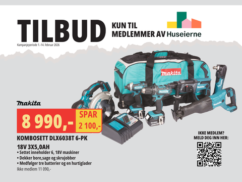 FÅ MAKITA KOMBOSETT MED HELE 6 VERKTØY! Medlemstilbud hos Montér på kombosett fra Makita, kun for Huseierne medlemmer