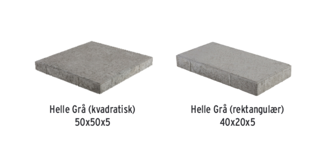 Helle Grå i kvadratisk og rektangulær og flere forskjellige størrelser: