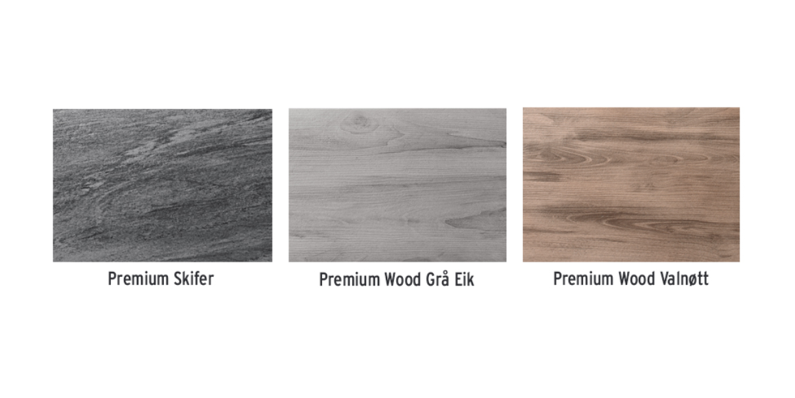 Helle Premium i tre ulike varianter (skifer, wood grå eik og wood valnøtt)