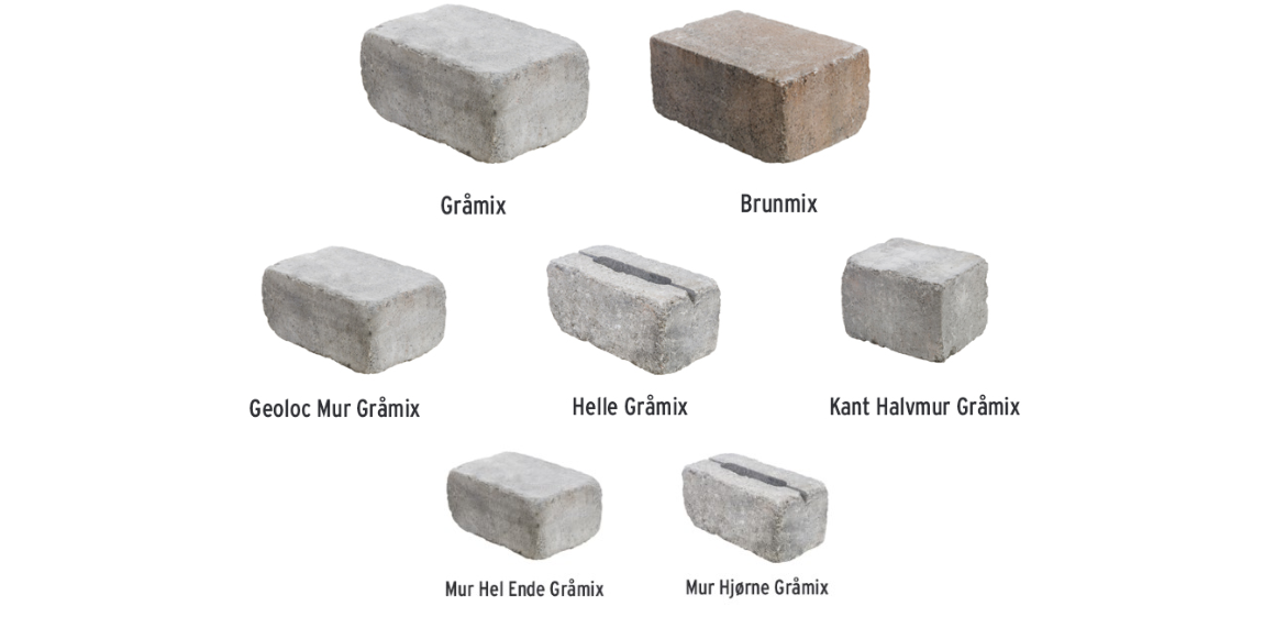 Rådhus støttemur i flere former og farger