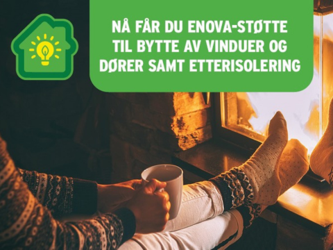 Bilde foran peisen med grafikk som demonstrere energigevinsten ved å energieffektivisere hjemmet