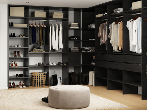 mørk garderobeløsning ryddig oppsatt med klær mørk garderobeløsning ryddig oppsatt med klær
