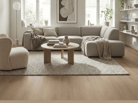 Moderne miljøgulv i en lys stue med lyse møbler Moderne miljøgulv i en lys stue med lyse møbler