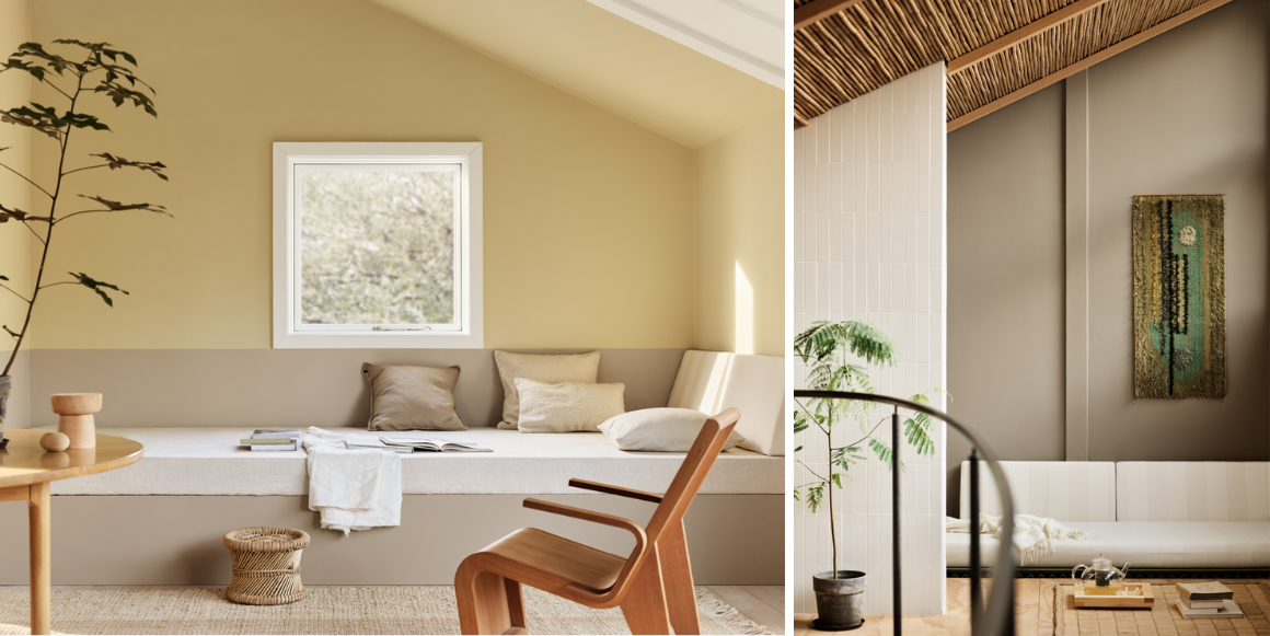 Varme beige- og bruntoner gir rommet et tidløst uttrykk. Her ser du Jotun 1965 Ginger Tea, Jotun 12300 Hazelnut Beige og Jotun 12292 Caramel Brown fra Jotun 