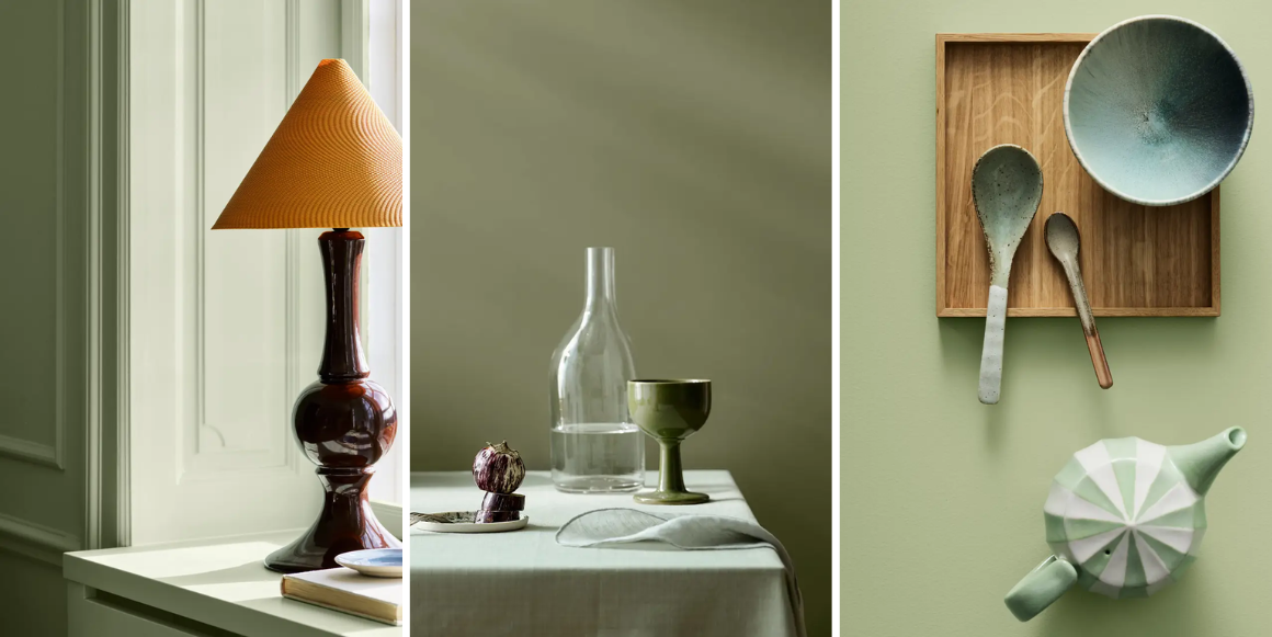 Interiør med grønne vegger i dempede nyanser, dekorert med keramikk, tre og glassdetaljer. Farger fra Jotun: 7718 Secret green, 8493 Green Tea og 0470 avocado green. 