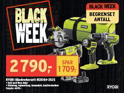 Black week tilbud på Ryobi Håndverkersett hos Montér! Ryobi håndverkersett på tilbud under black week