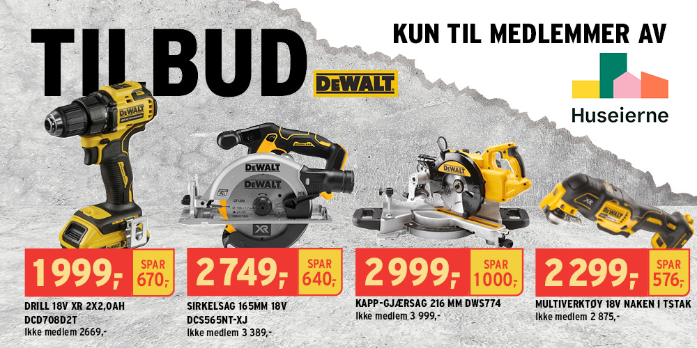 medlemstilbud på utvalgte verktøy fra dewalt, kun som medlem av huseierne i uke 50