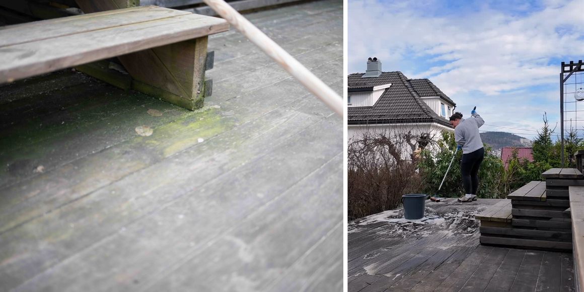 en terrasse som vaskes og renses med grønskefjerner