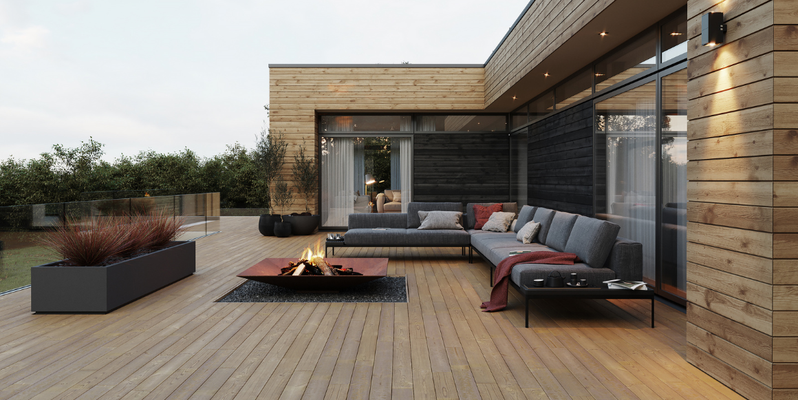 Illustrasjon av flott terrasse med sittegruppe og bål