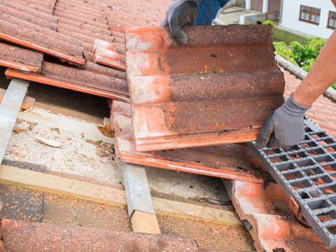 Mann som inspiserer et tak på et hus Mann som inspiserer et tak på et hus
