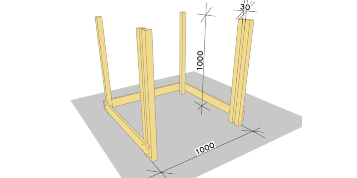 3. Kapp til neste terrassebord til 1000mm og fest som i trinn 1. Kapp til de siste to stolpene 48x48mm til 1000mm og fest ytterst i terrassebordet, 30mm fra hverandre og 47mm fra bakken som trinn 1.